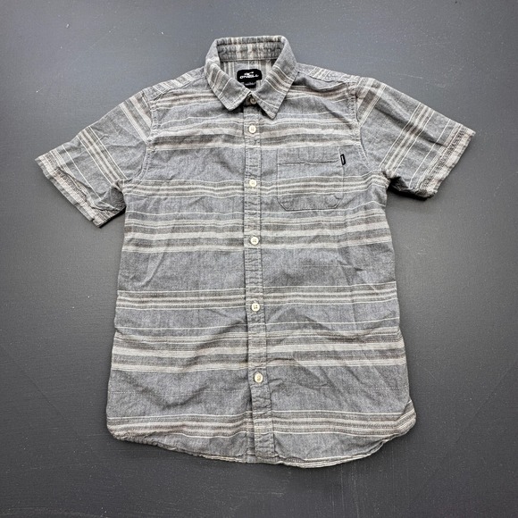O'Neill Short Sleeve Button Up Shirt Boy's Large Grey Striped Casual Surf Aloha - Picture 1 of 8